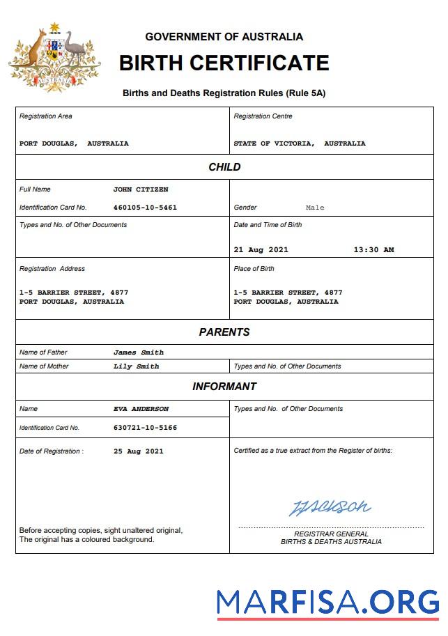 Downloadable Australia vital record birth certificate Word and PDF template